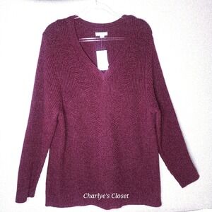 Croft & Barrow Long Sleeve 2X Burgundy Cable Knit V-Neck Pullover Sweater NWT